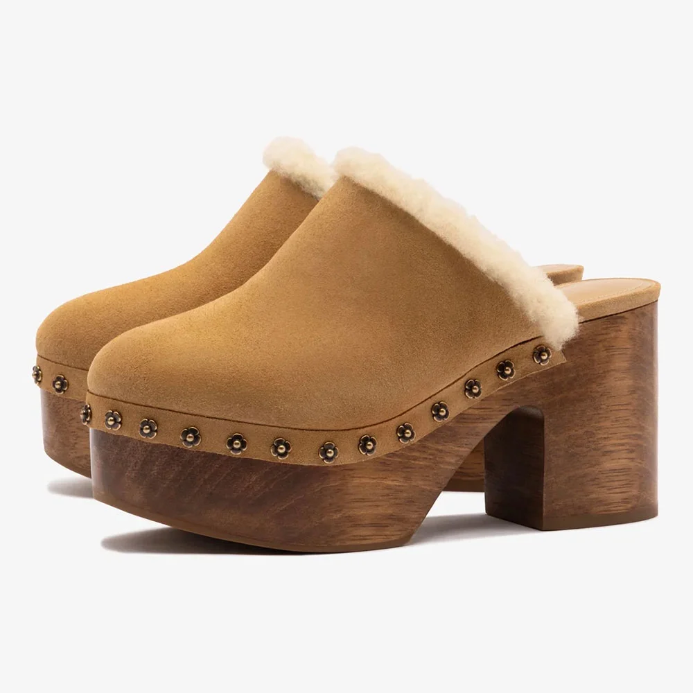 Tan Block Heel Platform Floral Studded Vegan Wool Mules for Women