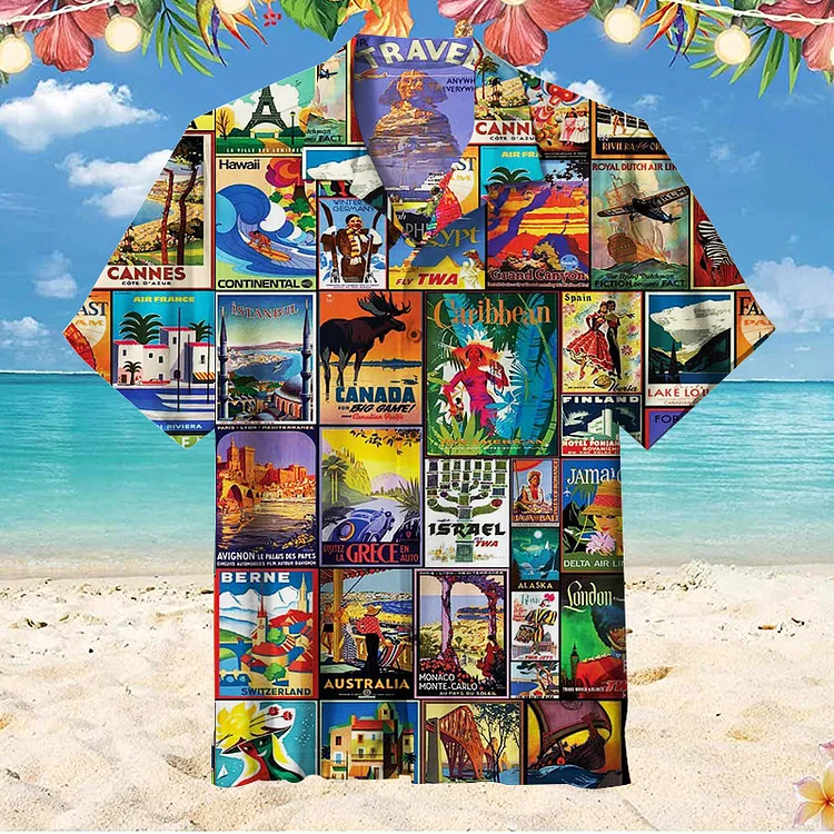 Stamp Collage Of Attractions | Unisex Hawaiian Shirt