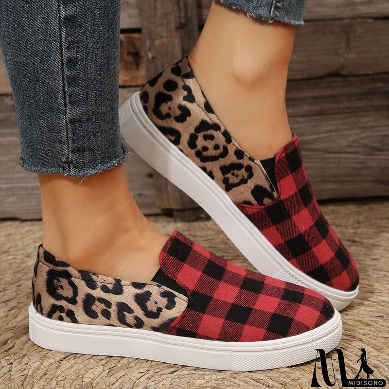 MidiSono - Female Stylish Contrast Color Plaid Print Canvas Shoes