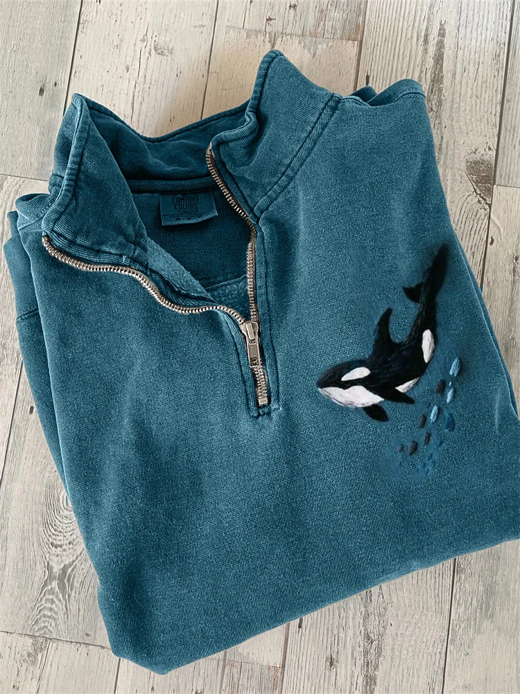 Killer Whale Embroidery Art Zip Up Sweatshirt