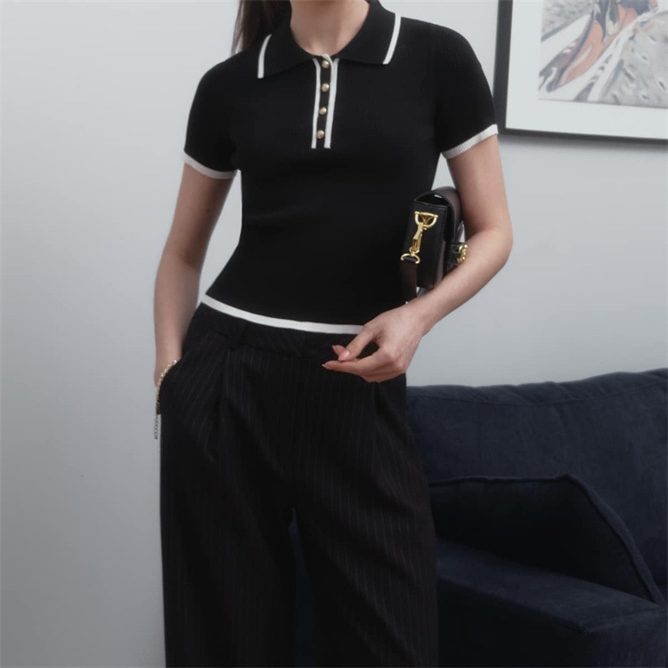 Ootddress Knit Sweater Pullover Women Short Sleeve Patchwork Slim Lapel Elegant Contrast Knitwear Top Female Skinny Ribbed Pullover