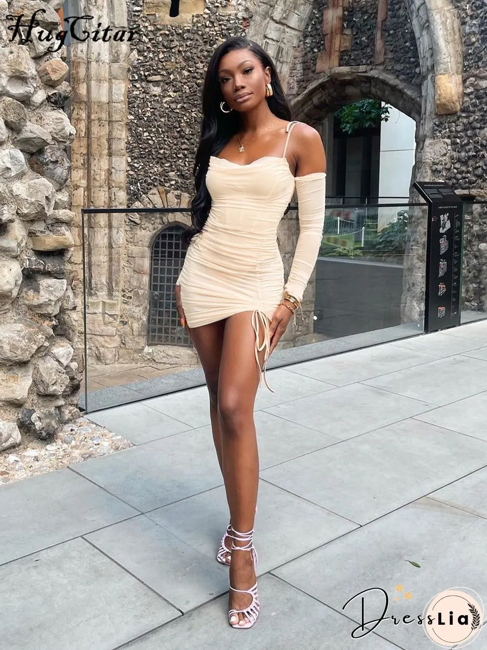 Solid Mesh Halter Long Sleeve Pleated Sexy Mini Dress Summer Fall Bodycon Party Club