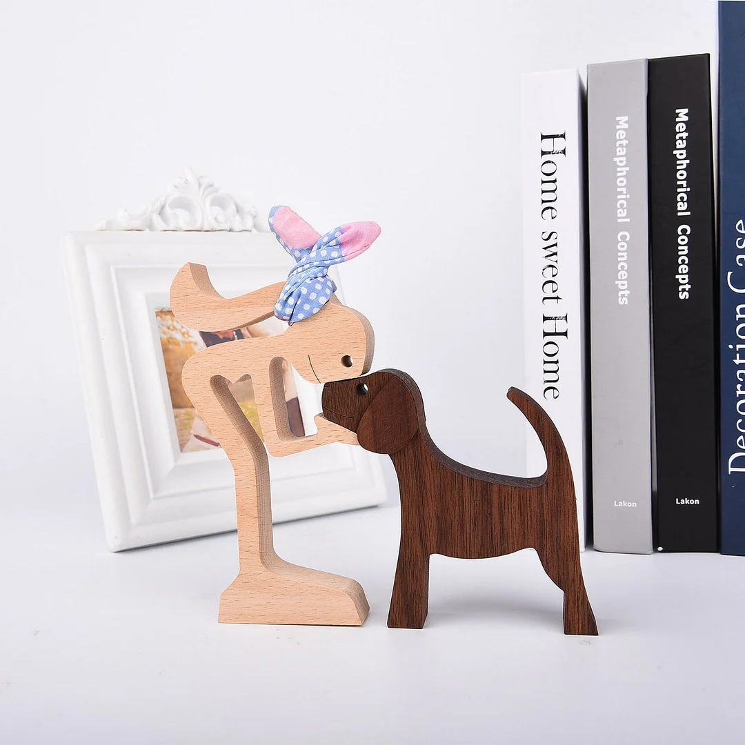 Wooden Animal Statue For Home Decor Handmade Couple And Dog Sculptures Carved Creative Home Office Gift Decoration Natural