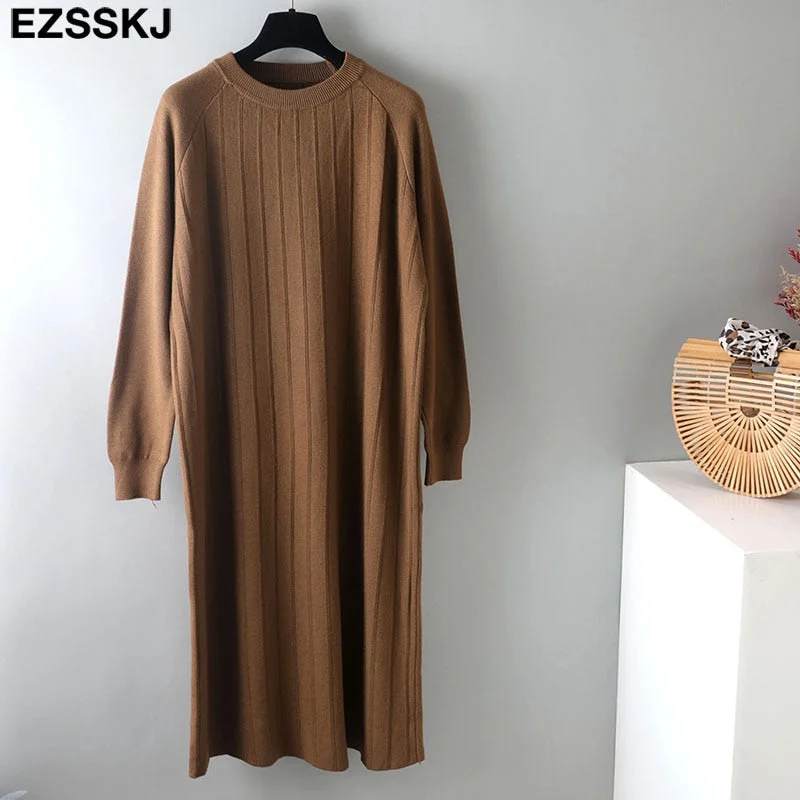 2021 Autumn Winter O-NECK Long  straight sweater Dress Women Casual oversize Sweater Dresses maix THICK  batwing sleeve Dress