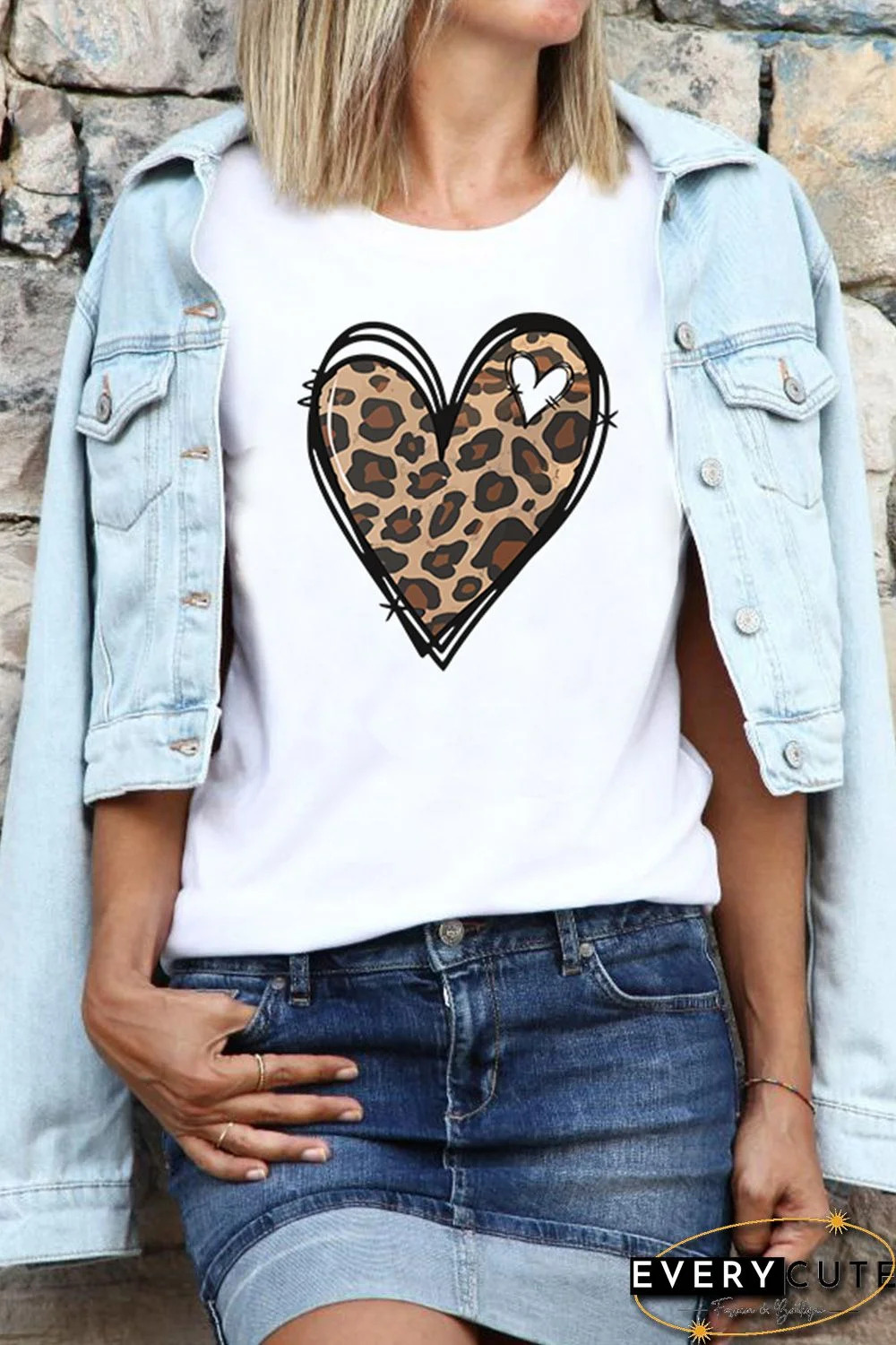 White Leopard Heart Pattern Print Valentines T Shirt
