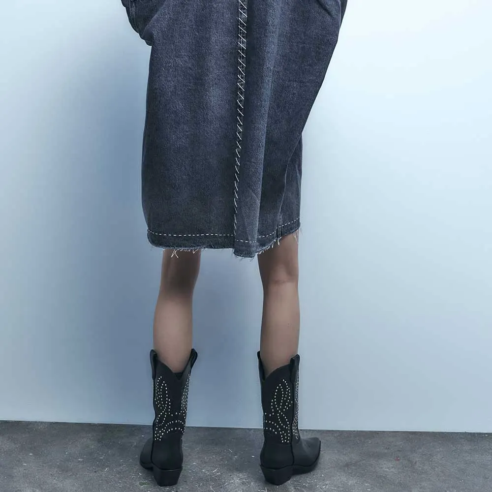 Black Embroidery Mid Calf Chunky Heel Western Boots