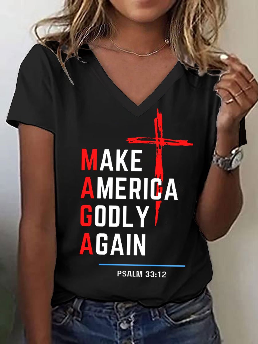 Women's Jesus Make America Godly Again MAGA Print V-Neck T-Shirt