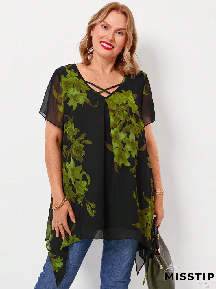 Plus Size Women Summer Cross Neck Florals Print Ruffled Short Sleeve Loose Elegant Blouse
