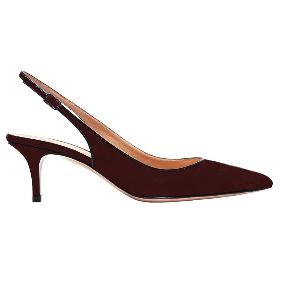 Women's Pointed Toe Slingback Shoes Kitten Heel Pumps Comfortable Dress Brown Suede Shoes-vocosishoes