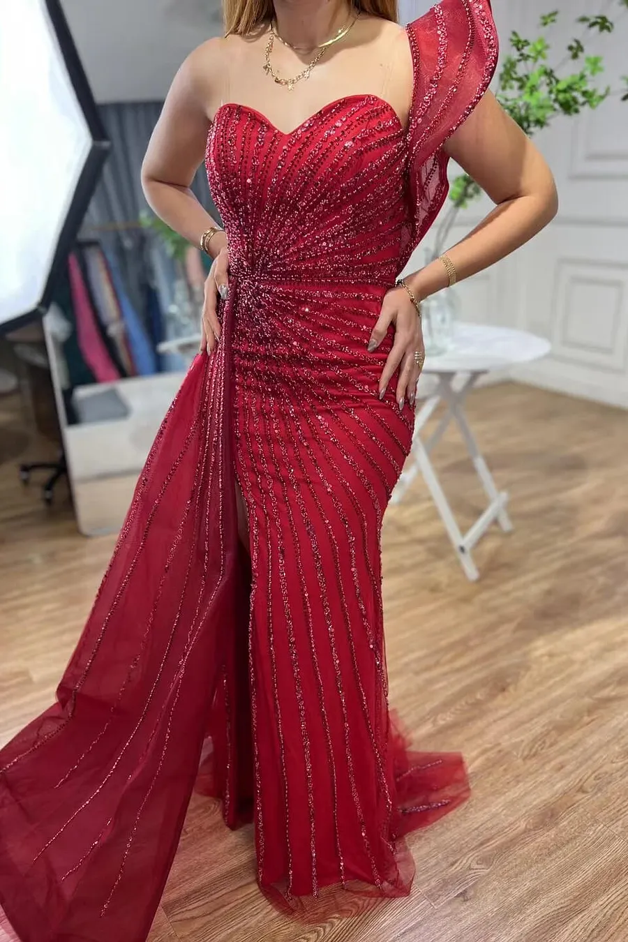 Bellasprom Red One Shoulder Mermaid Prom Dress with Beadings Ruffles High Split Same As Picture-US2