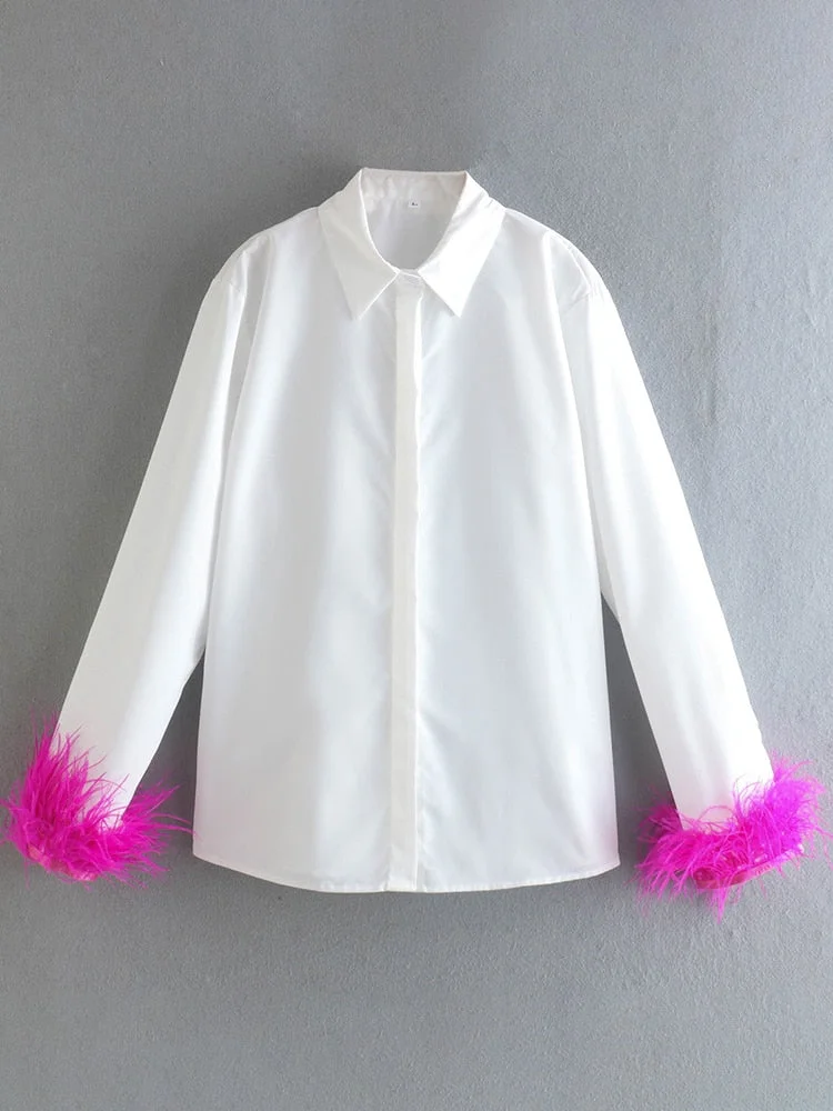 Back to school  Elegant Feathers Long Sleeve Shirt Casual Turn Down Collar Buttons Blouse Women Solid Chic Tops Streetwear Tunics Clothing 2022