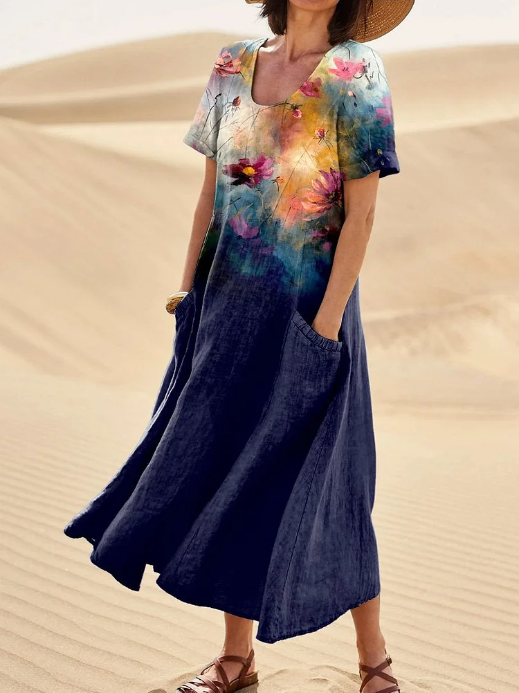 Oil Painting Floral Garden Art Upper Body Printed Women's Linen Pocket Dress