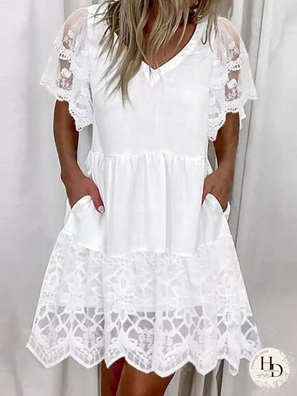 Dresses Lace Pocket V-Neck Short Sleeve Dress for Women
