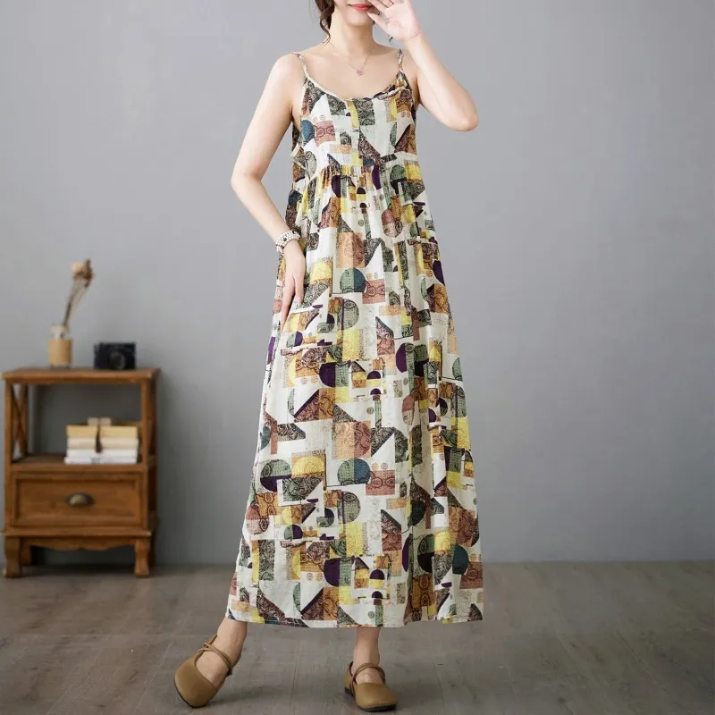 Brownm Brownm Summer Art And Leisure Swing Cotton Tample Long Print Beach Dress Women's Sleeveless Slings