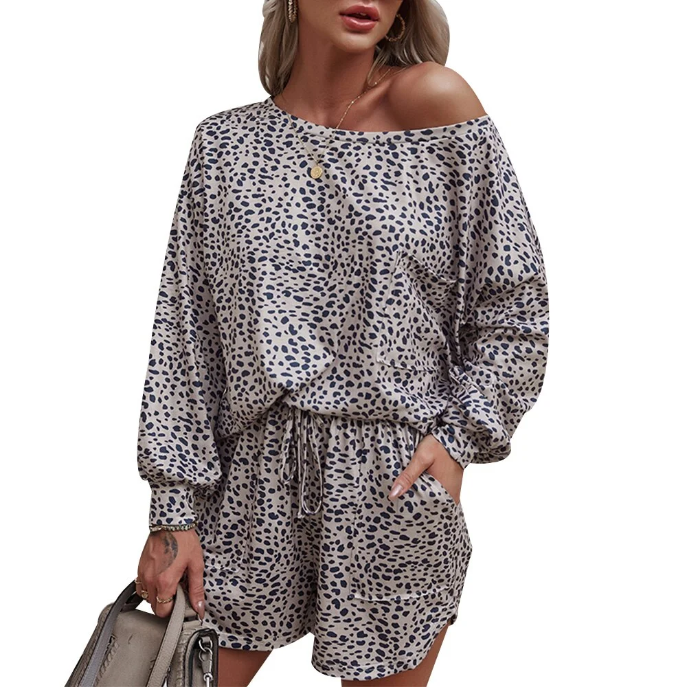 Sale Women Leopard Print T-shirt Shorts Set 2 Pcs Lounge Wear Leopard Print Pajamas Long Sleeve Top Drawstring Homewear Suit D30