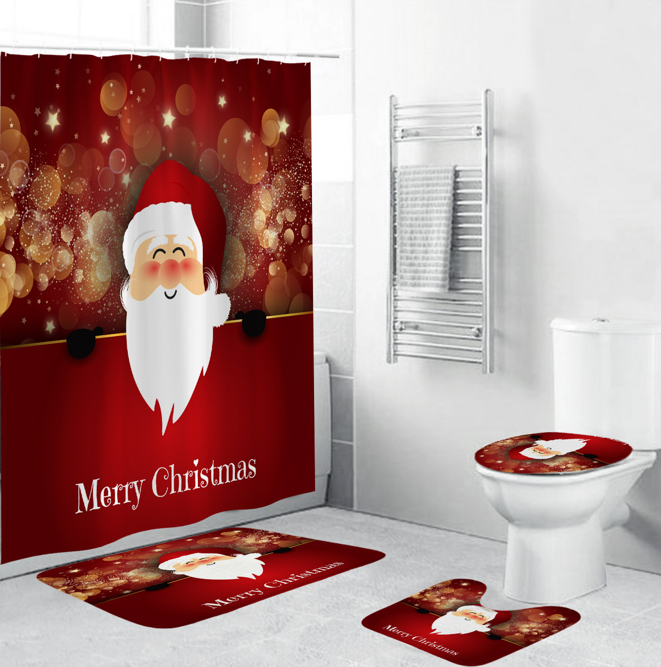 3D Christmas Shower Curtains Set Santa Claus for Bathroom Christmas ...