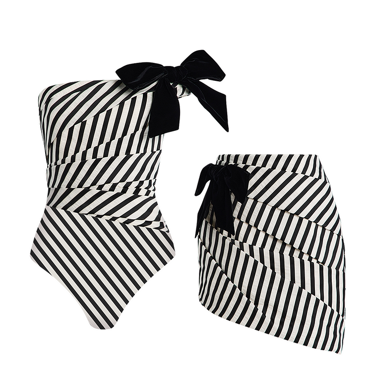 Bowknot Striped One Piece Swimsuit and Skirt (Shipped on May 30th)