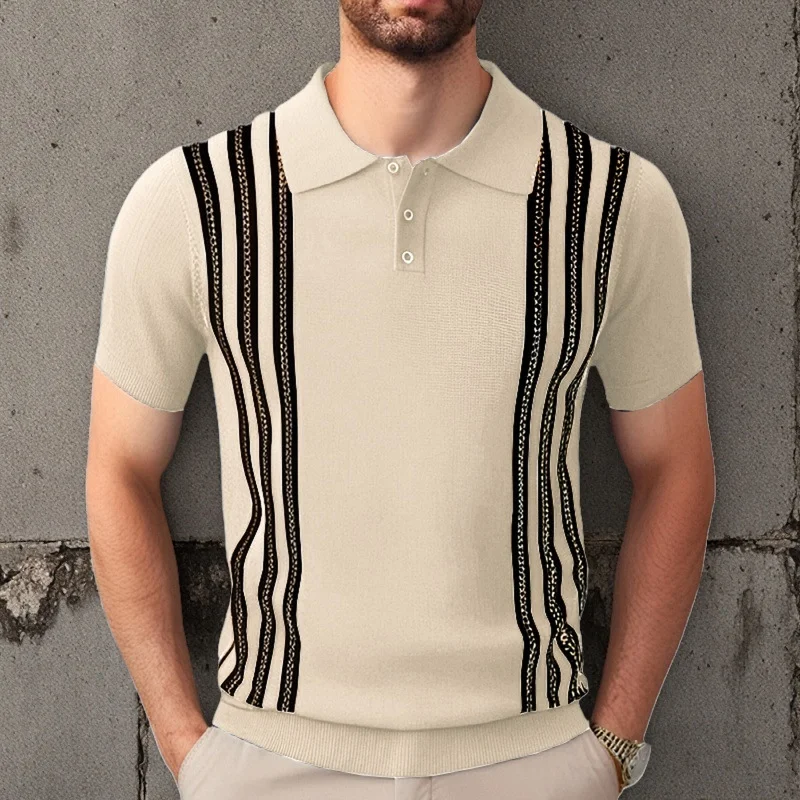 Woherb Men's Summer Short Sleeve Knit Dress Black Striped Business Casual POLO Shirt Men's SY0112