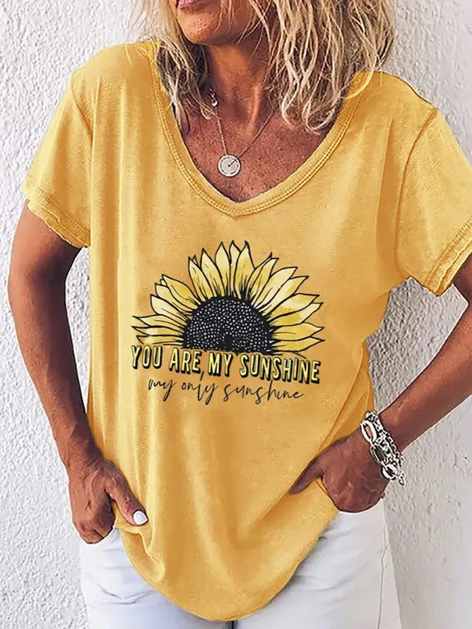 Yellow Floral Cotton Casual V Neck Shirt & Top