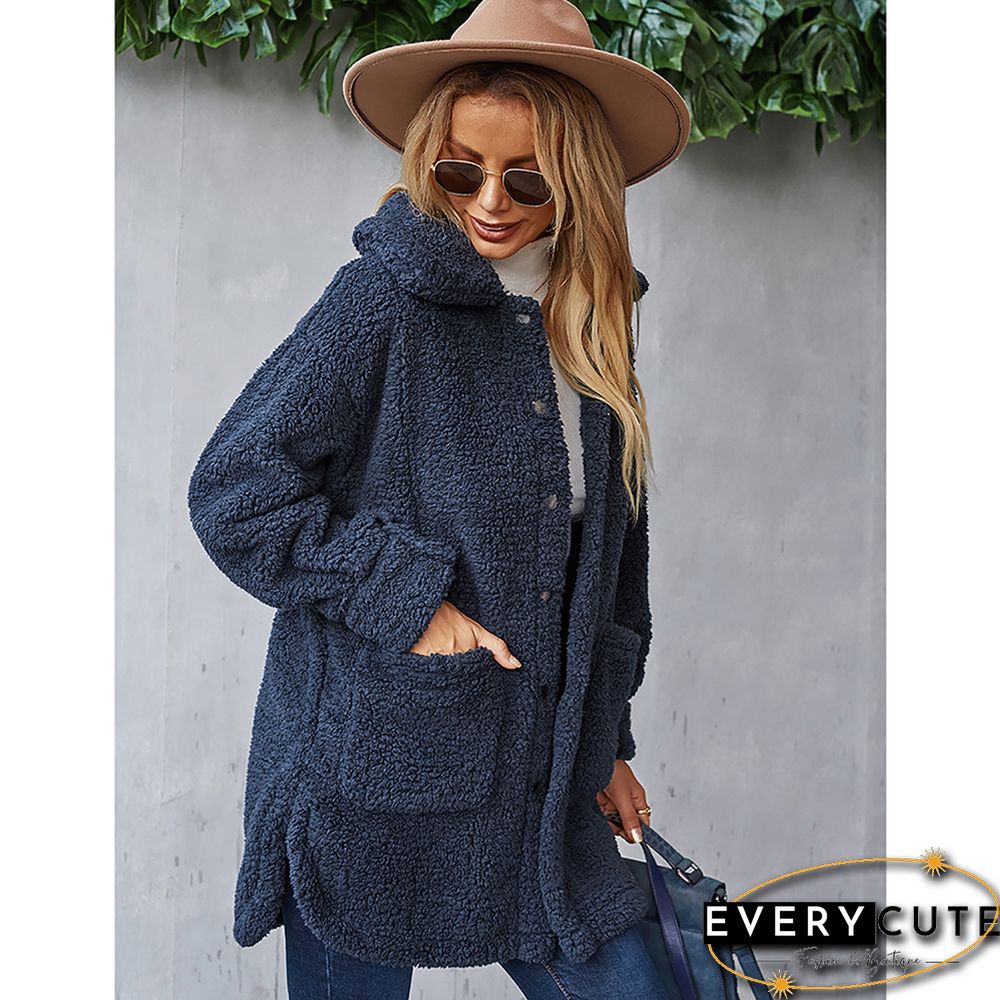 Navy Blue Double-sided Velvet Buttoned Plush Warm Coat