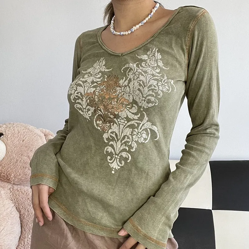 Xingqing Angel Wings Print Tops Fairy Grunge Graphic T Shirts Vintage Indie Aesthetic Clothes Cyber Y2k Slim Long Sleeve Top