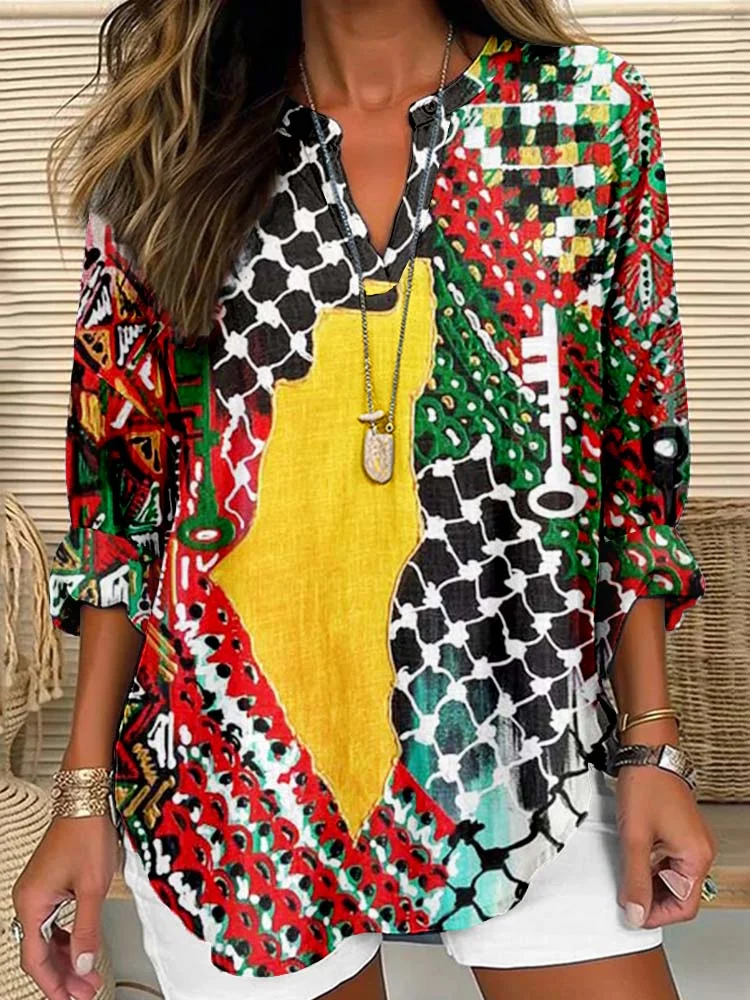Free Palestine Keffiyeh Inspired Linen Blend Cozy Shirt