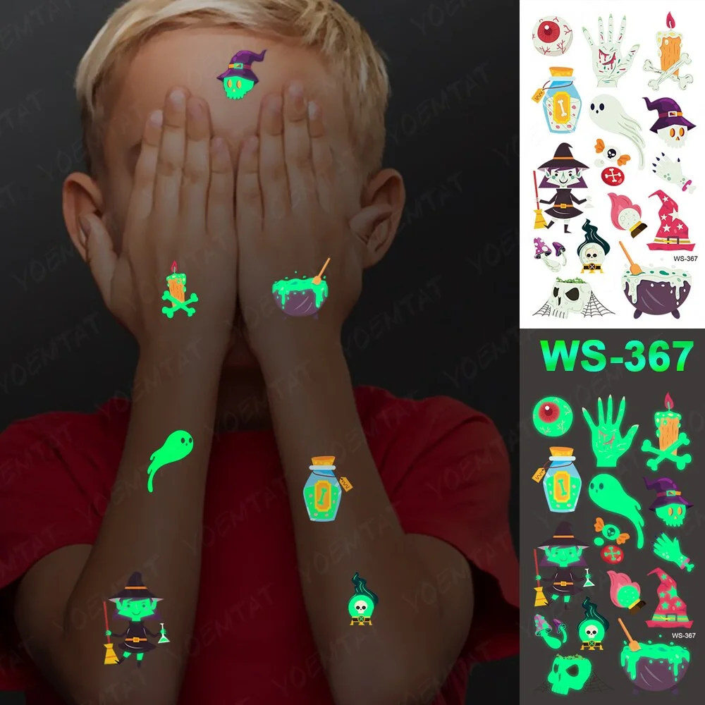 Halloween Party Cartoon Magic book witch Luminous night Tattoo Stickers Elf Ghost Temporary Waterproof Glitter Body Art For Kid