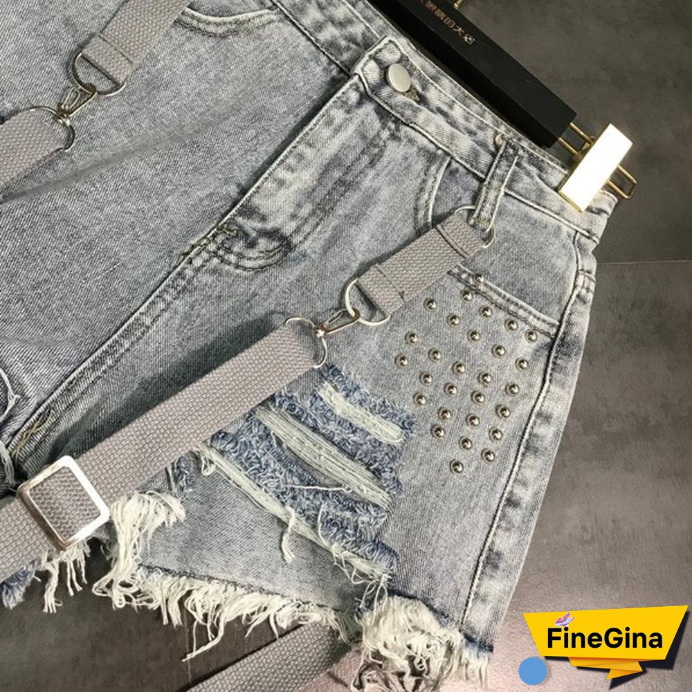 Women Denim Hot Pants Shorts Mini Jeans Rivet Removable Strap Tassels Gothic Punk Sexy