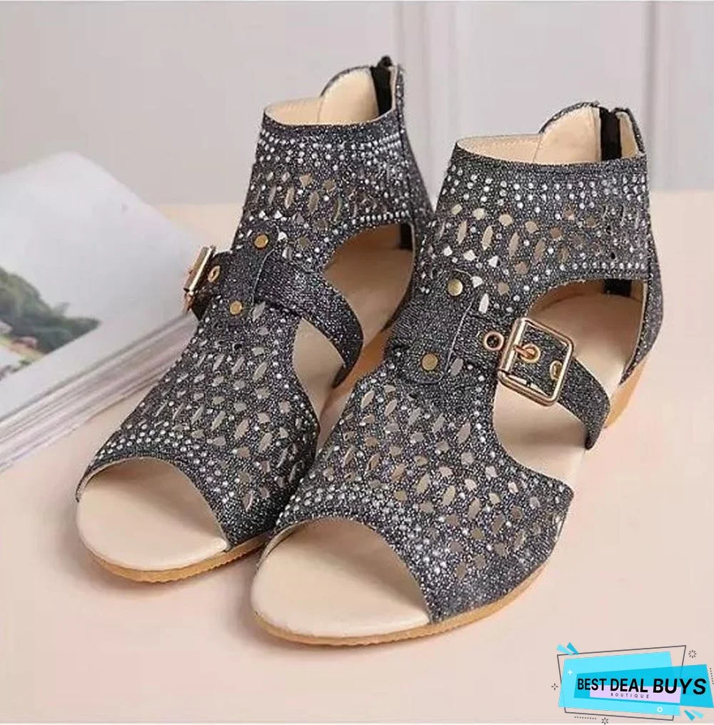 Women Wedges Heel Buckle Strap Gladiator Sandals Peep Toe Low Heels Sandals