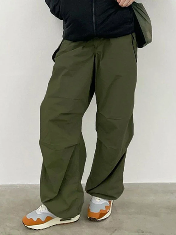 Solid Color Pleated Drawstring Loose High Waisted Trousers Pants