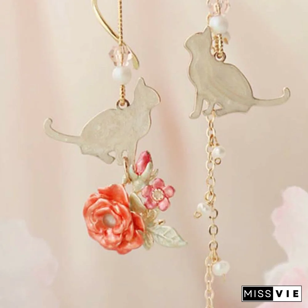 Asymmetrical Cat Blossom 925 Sterling Silver Stud Earrings Ear Clip