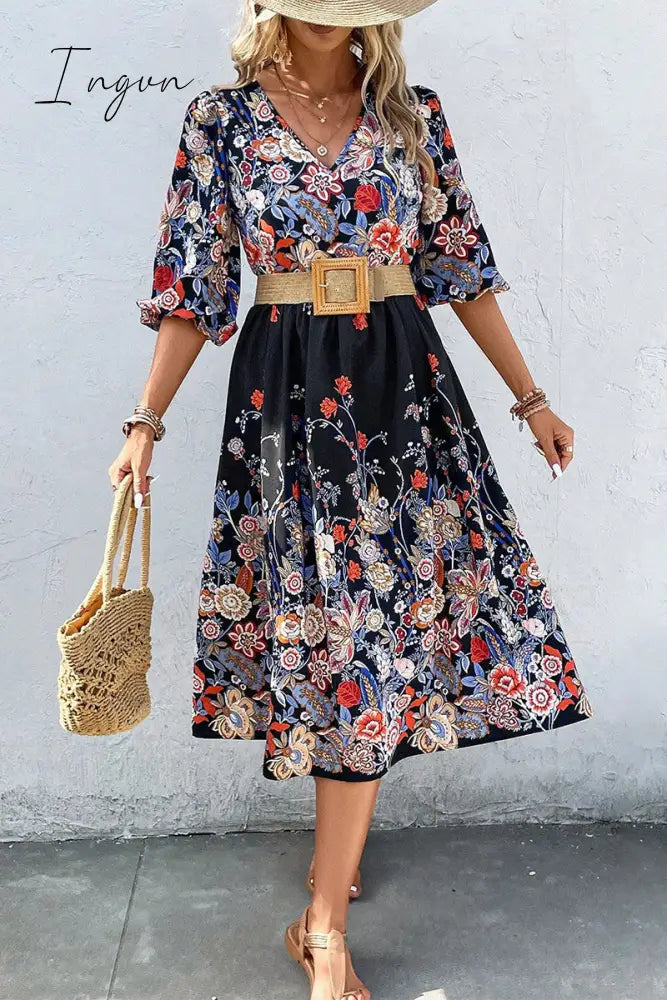 Ingvn - Elegant College Floral With Belt V Neck A Line Dresses(3 Colors) Black / S Dresses/Floral