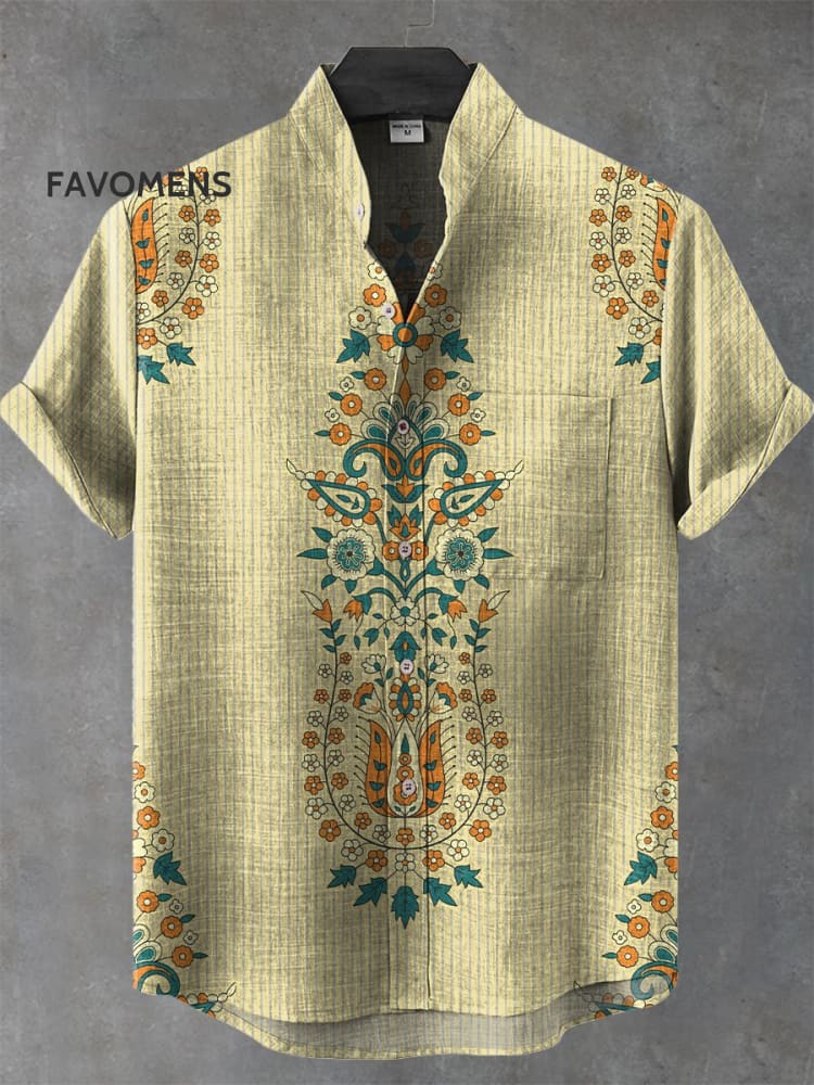 Vintage Ethnic Floral Art Print Casual 100% Cotton Shirt Multicolor / S