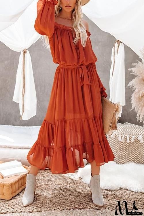 MidiSono - Layer Ruffles Off Shoulder Belted Maxi Dress