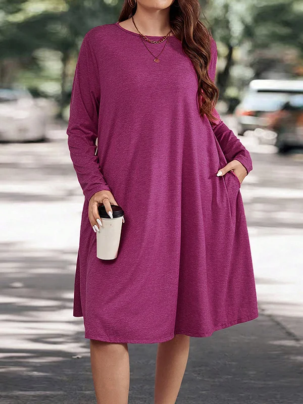 Pockets Solid Color Long Sleeves Loose Round-neck Midi Dresses