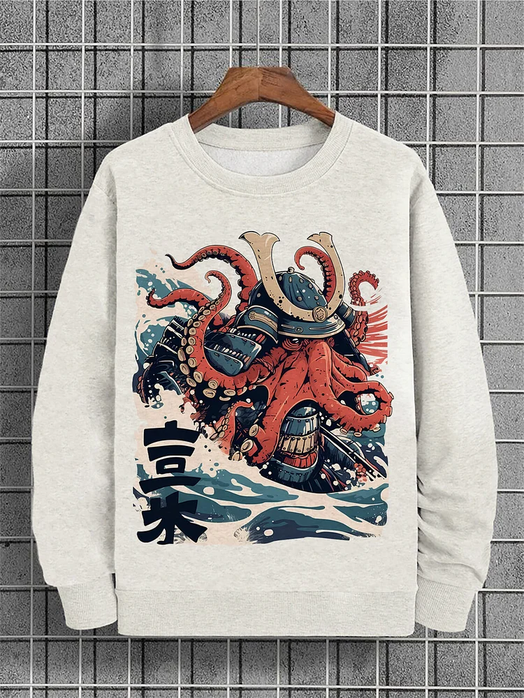 Men's Sea Wave Octopus Japanese Art Print Cotton Casual Sweatshirt