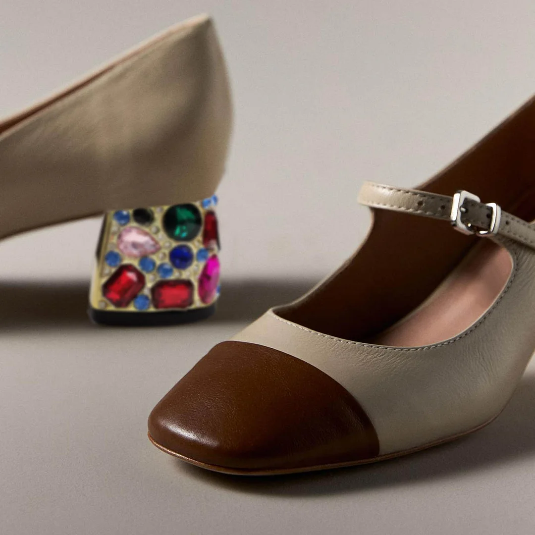 Beige Vegan Leather Brown Square Toe Strap Mary Janes