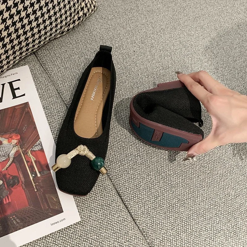 2021Women Flats Ballet Shoes Breathable Knitted Square Toe Moccasins Thick Heels Beige Yellow Flat Ballerina Shallow Female