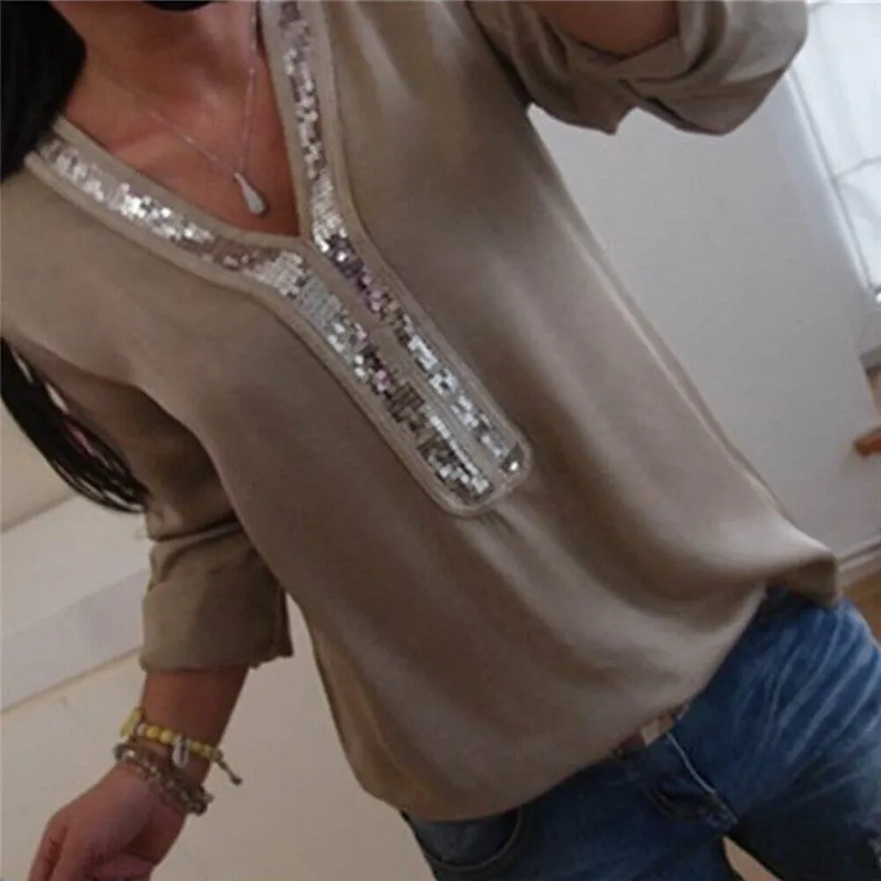 Women Blouse Plus Size V Neck Blouse Casual Loose Sequin Ladies Tops Women Shirt Top Long Sleeve Blouses Womens Tops And Blouses