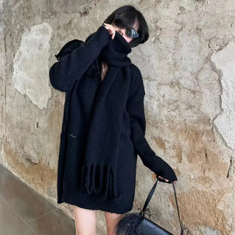 Churchf Churchf Send Scarf 2024 Autumn / Winter New Design Sense Loose V-Neck Solid Color Pullover Sweater Top