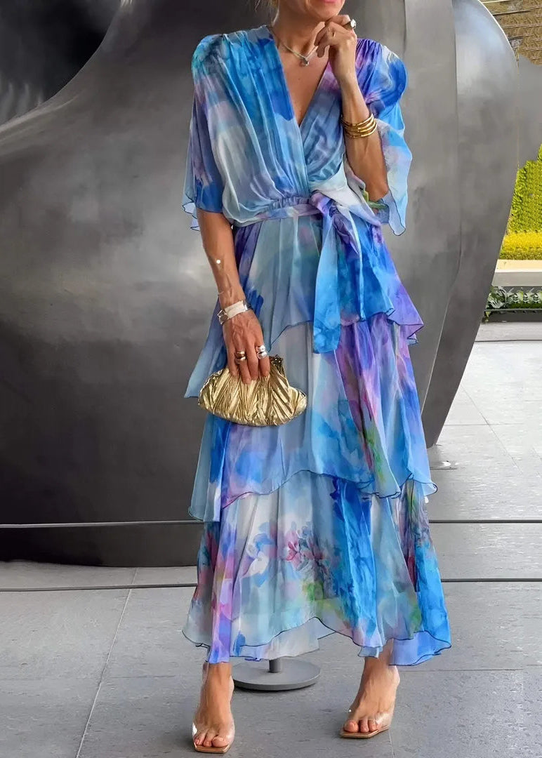 VCSHOES Loose Blue Layered Ruffled Print Chiffon Dress Butterfly Sleeve