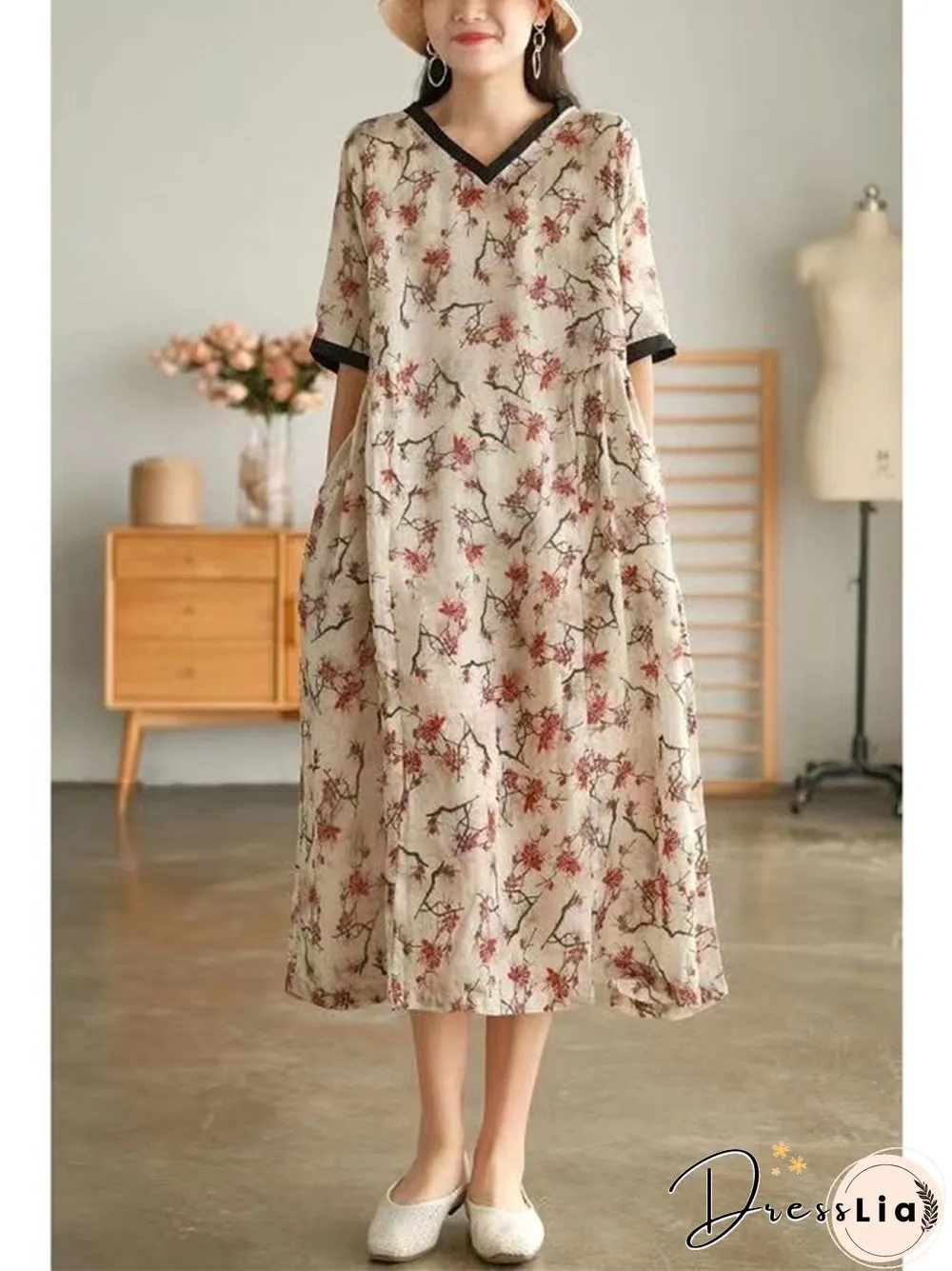 Literary Retro Floral Cotton Linen Short Sleeved Dress