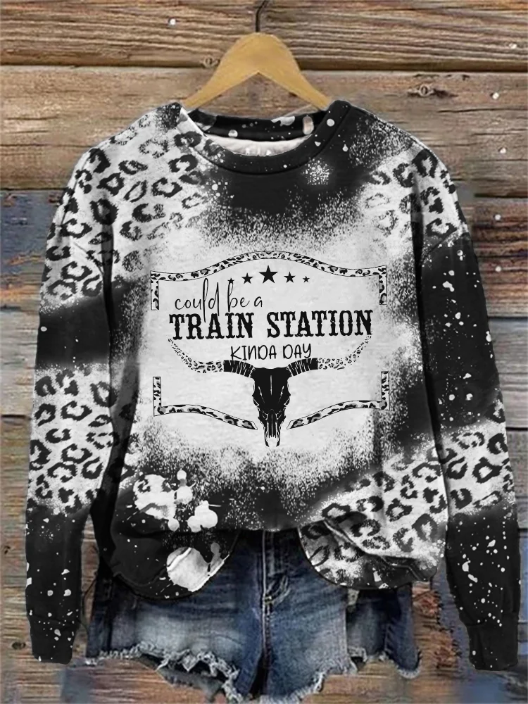 Could Be A Train Station Kinda Day Bull Skull Leopard Bleach Sweatshirt