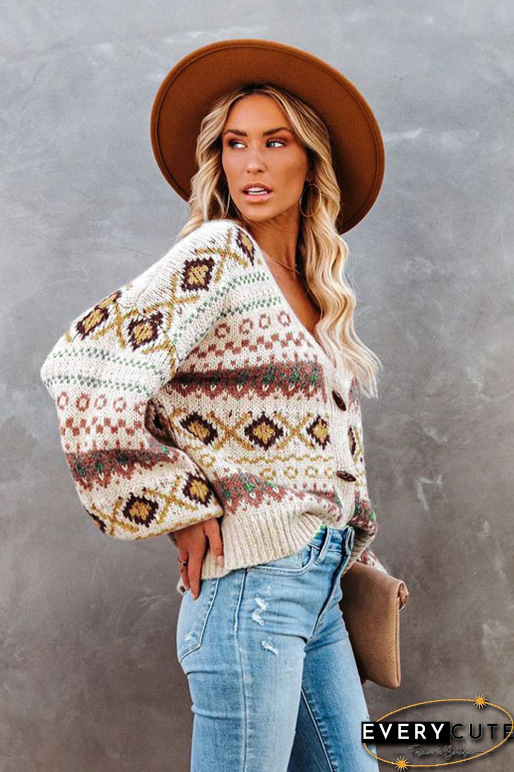 Multicolor Tribal Pattern V Neck Button Front Cardigan