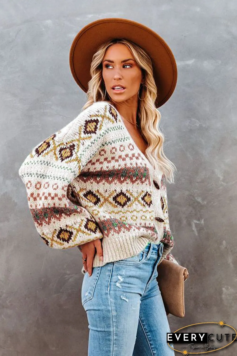 Multicolor Tribal Pattern V Neck Button Front Cardigan
