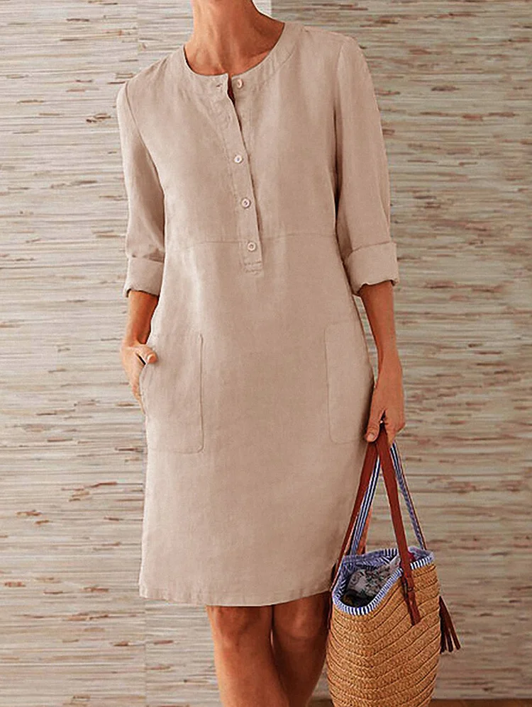 Casual Plain Round Neck Long Sleeve Linen Dress