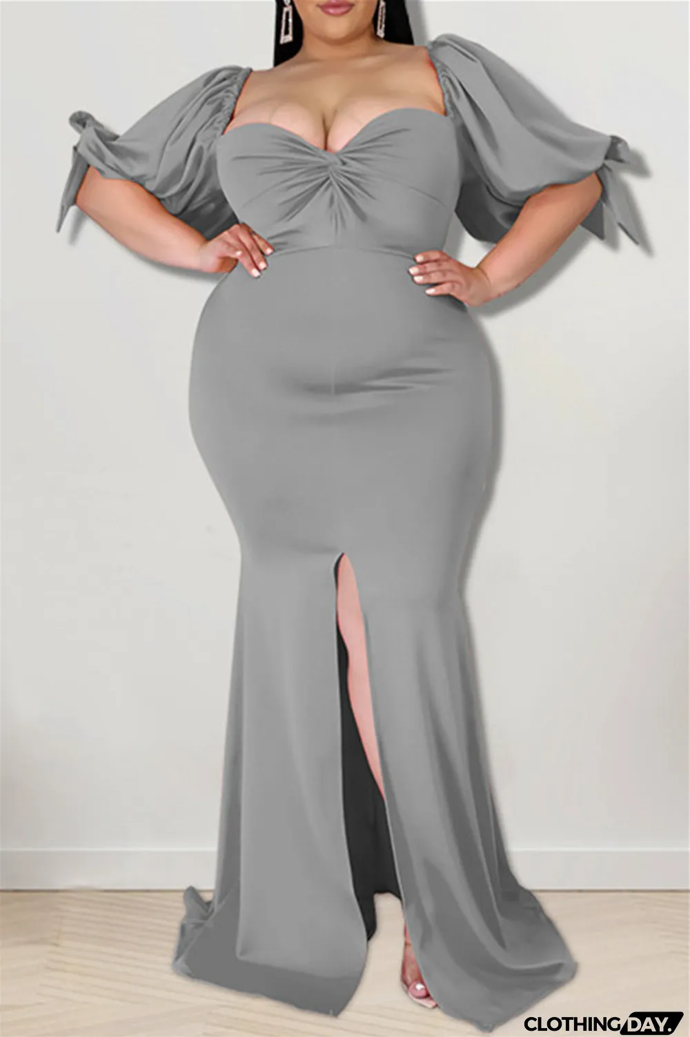 Yellow Fashion Sexy Plus Size Solid Backless Slit Square Collar Evening Dress