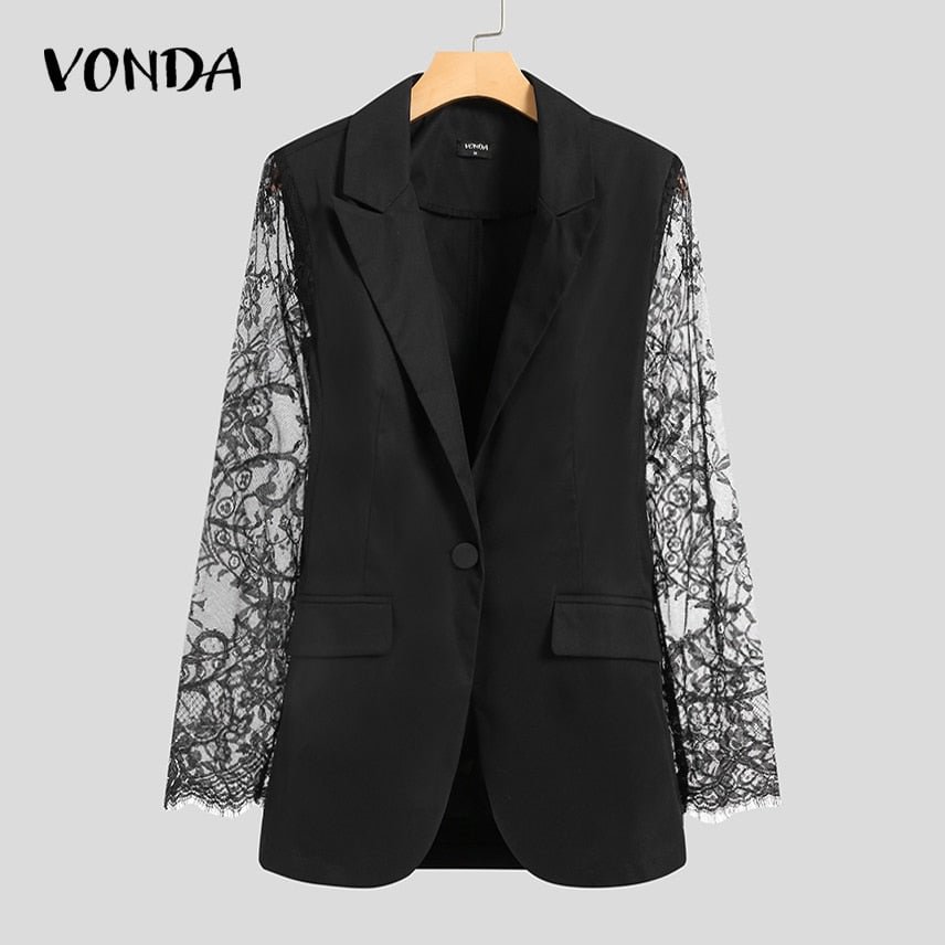 Women Elegant Office Jackets 2022 VONDA Long Sleeve Button Up Lace Patchwork Jackets Casual Coat Solid Color Lapel Collar Coats