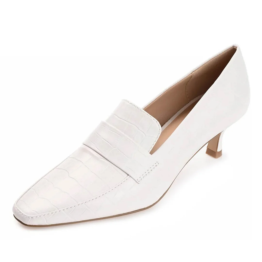 White Crocodile Embossed Square Toe Kitten Heel Women's Loafers