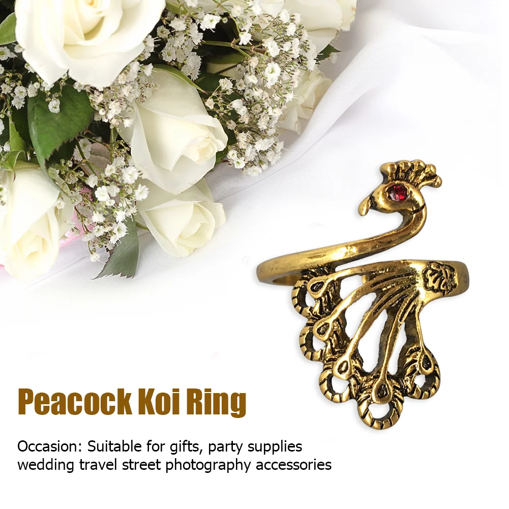 Women Vintage Alloy Ring Adjustable Thimble Crochet Loop (Red Peafowl)